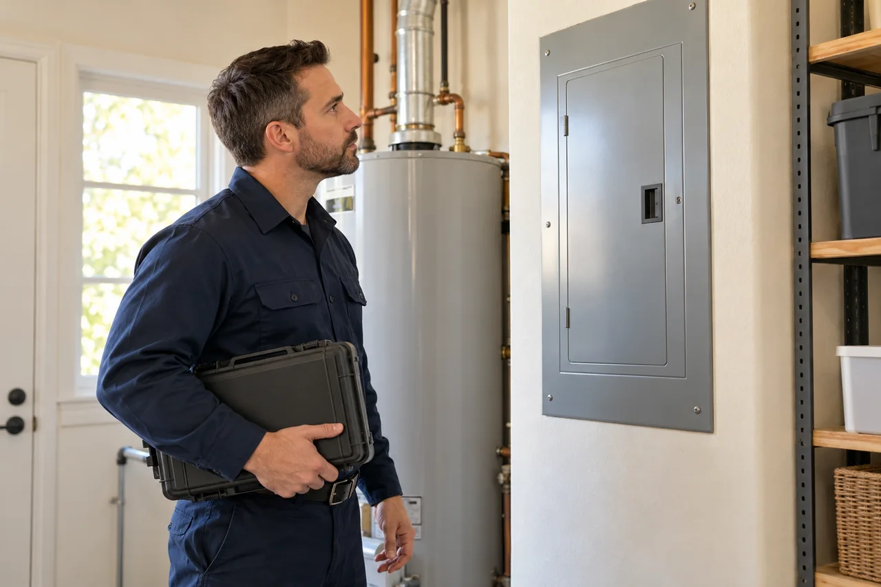 Electrician examining a closed breaker panel in a utility room